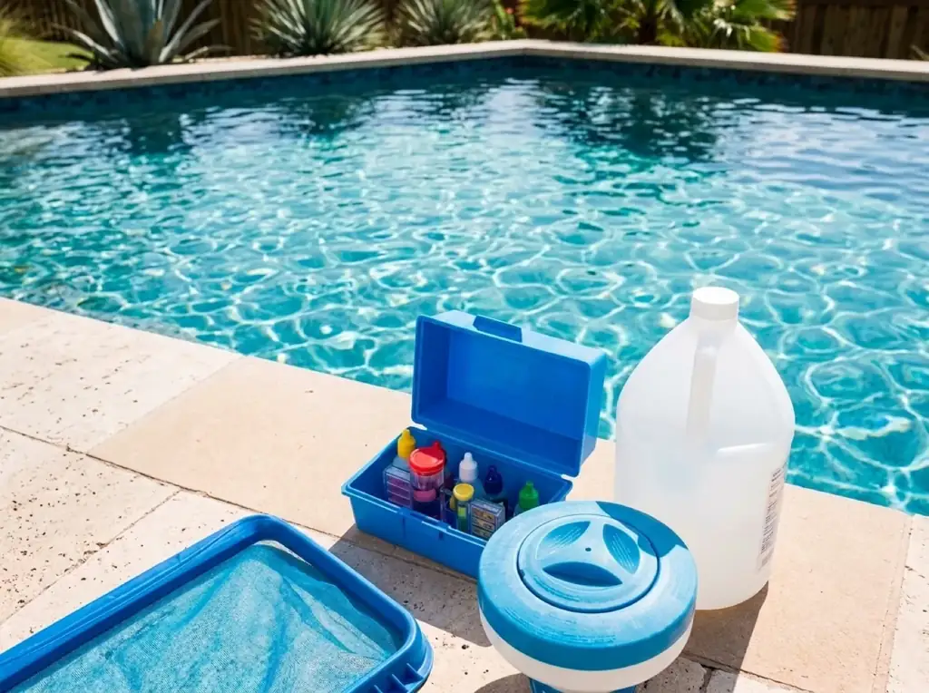 Pool chemistry test caddy, chlorine jug, and floating chlorinator at the edge of an Austin residential pool