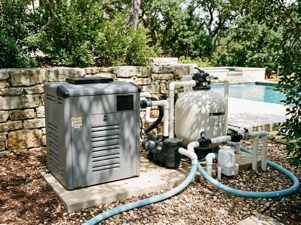 Pool equipment pad in an Austin backyard — heater, sand filter, pump, and PVC plumbing