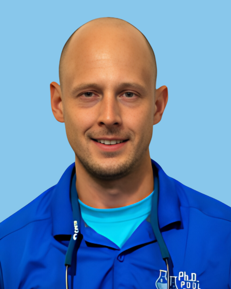 Professional technician from Ph.D. Pool Care performing pool repair in Bastrop, Texas, focusing on a cracked pool tile.